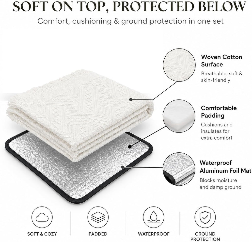 91 x 71inch White Outdoor Picnic Blanket with Waterproof Mat & Bag