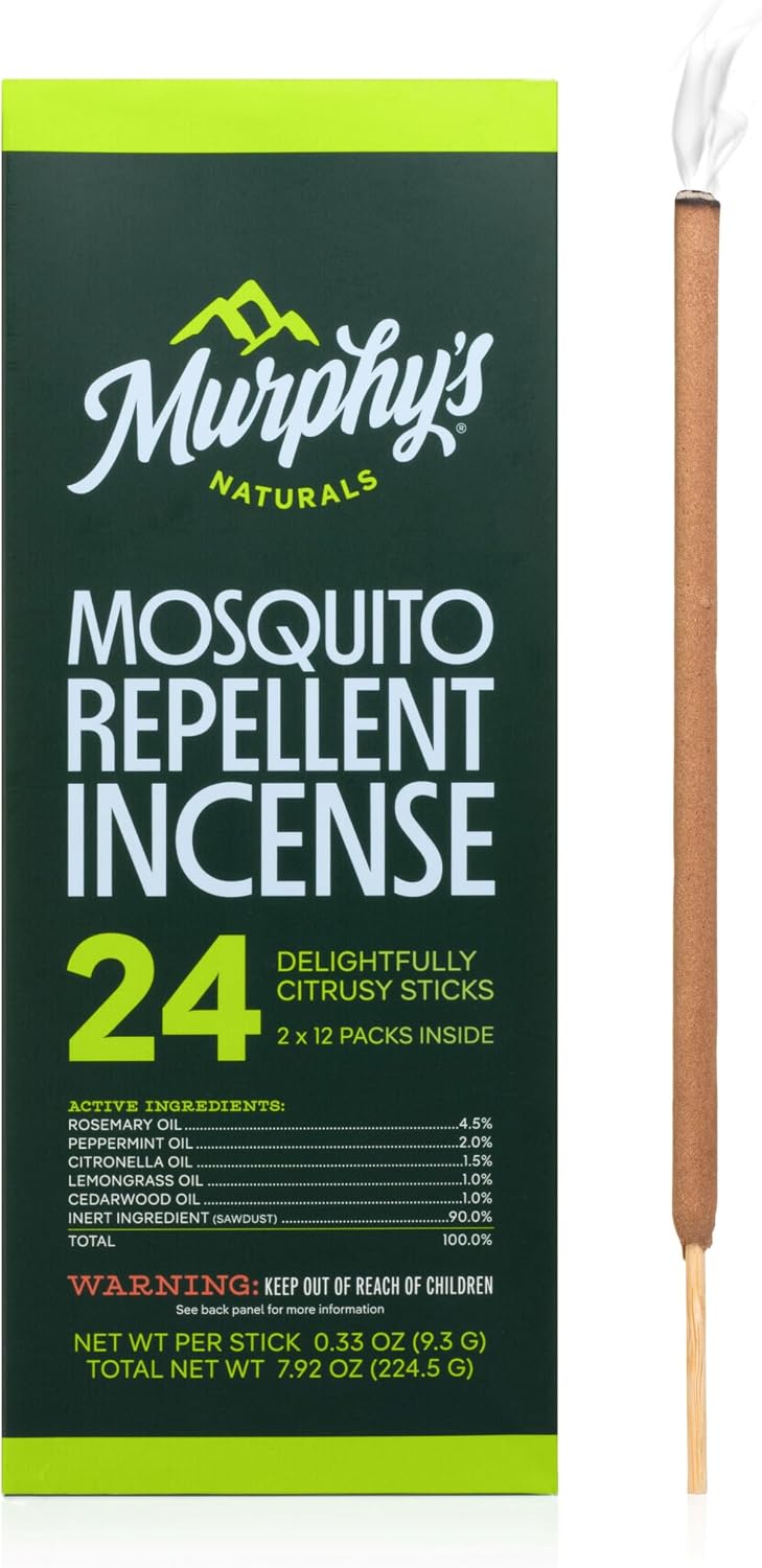 Murphy's Naturals Citronella Mosquito Repellent Incense Sticks, 24 Count | Bamboo-core sticks infused with citronella, rosemary, lemongrass, peppermint & cedarwood oils; 2+ hr burn for outdoor use