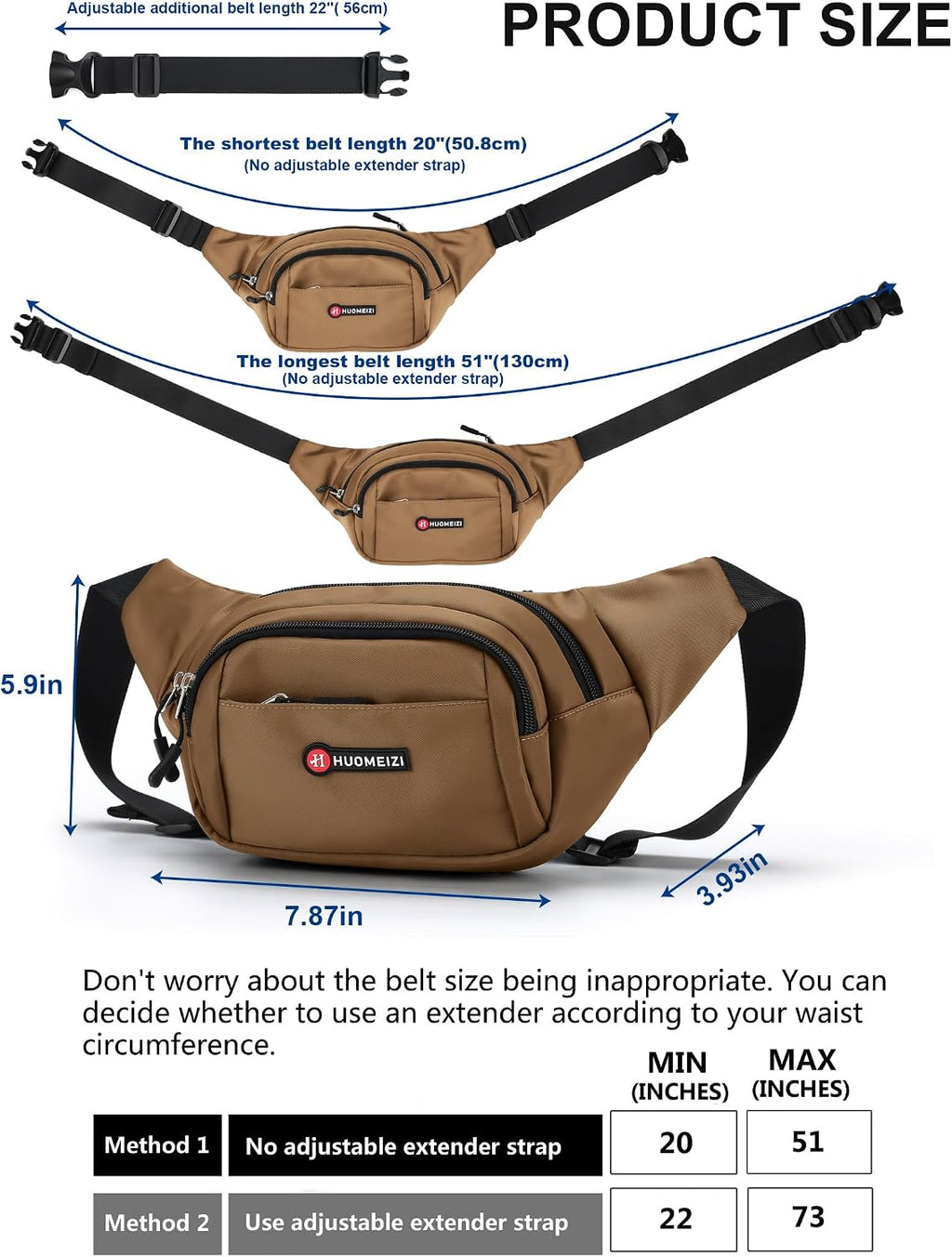 Fanny Pack Men Women Plus Size with Extender Strap 70" Waist Bag