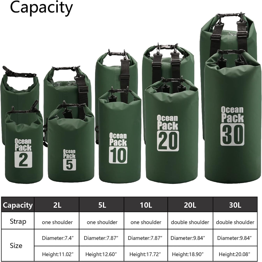 Dry Sack/Waterproof Bag for Boating, Kayaking, Hiking, Snowboarding, Camping, Rafting, Fishing and Backpacking (Dark Green, 30L)