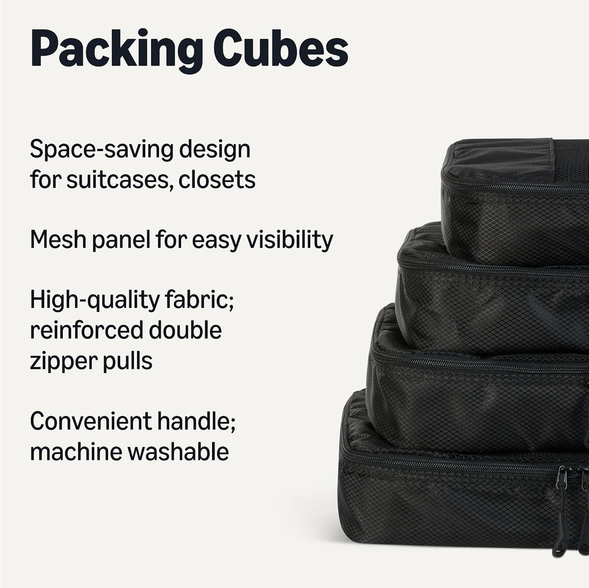 Amazon Essentials 4-Piece Packing Cubes Travel Accessories Set, Luggage Organizer with Double Zipper, Mesh Top, Space-Saving, Medium, Black (Previously Amazon Basics)
