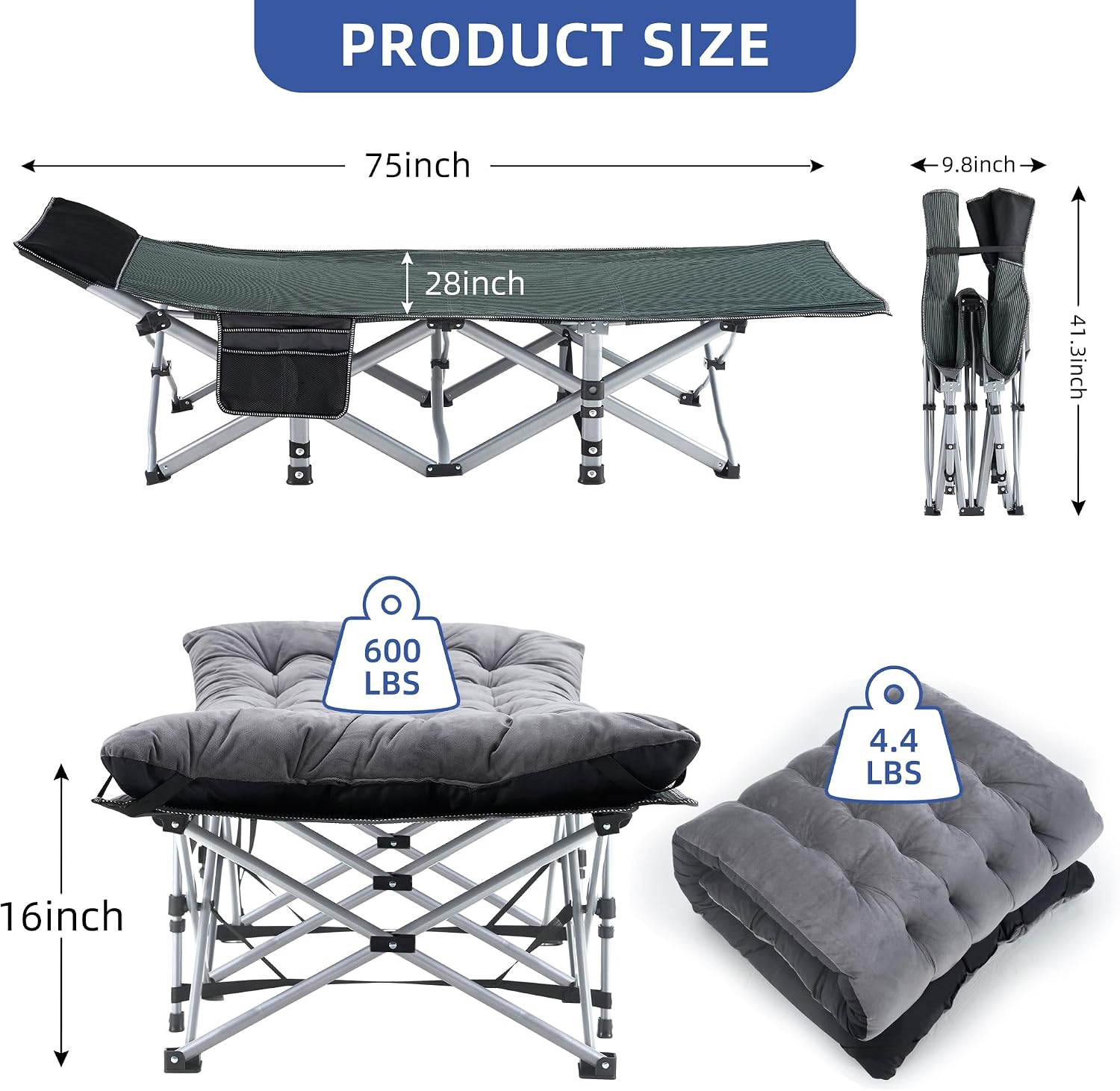 Fragess Camping Cot, Sleeping Cots for Adults, Portable Camping cots with Mattress, Pillow and Carry Bag, 1200D Double Layer Oxford, 600 LBS Weight Capacity Cots for Sleeping(Grey+Black)
