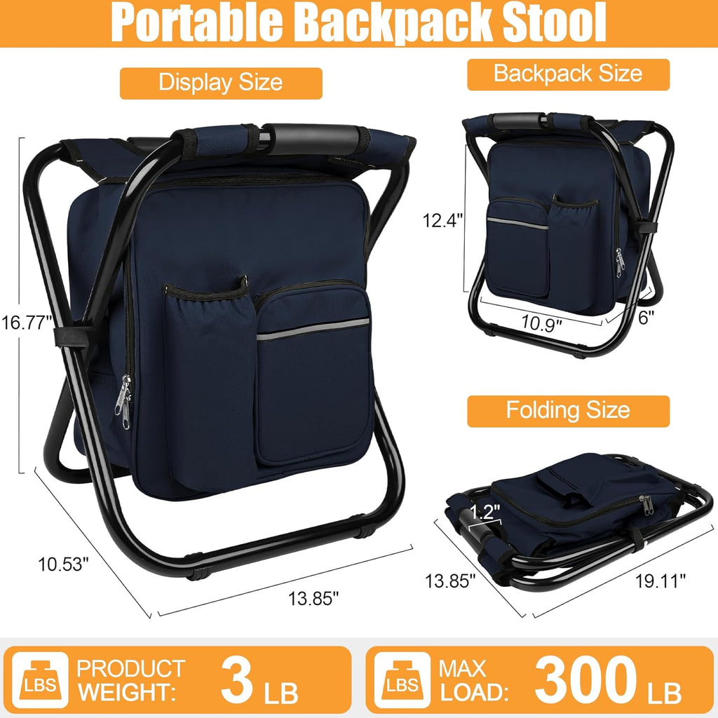 Kikerike Backpack Stool Cooler Chair Heavy Duty 300 LBS Max Load Portable Lightweight Stool Backpack Folding Fishing Cooler Seat for Camping Hunting Fishing - Navy Blue