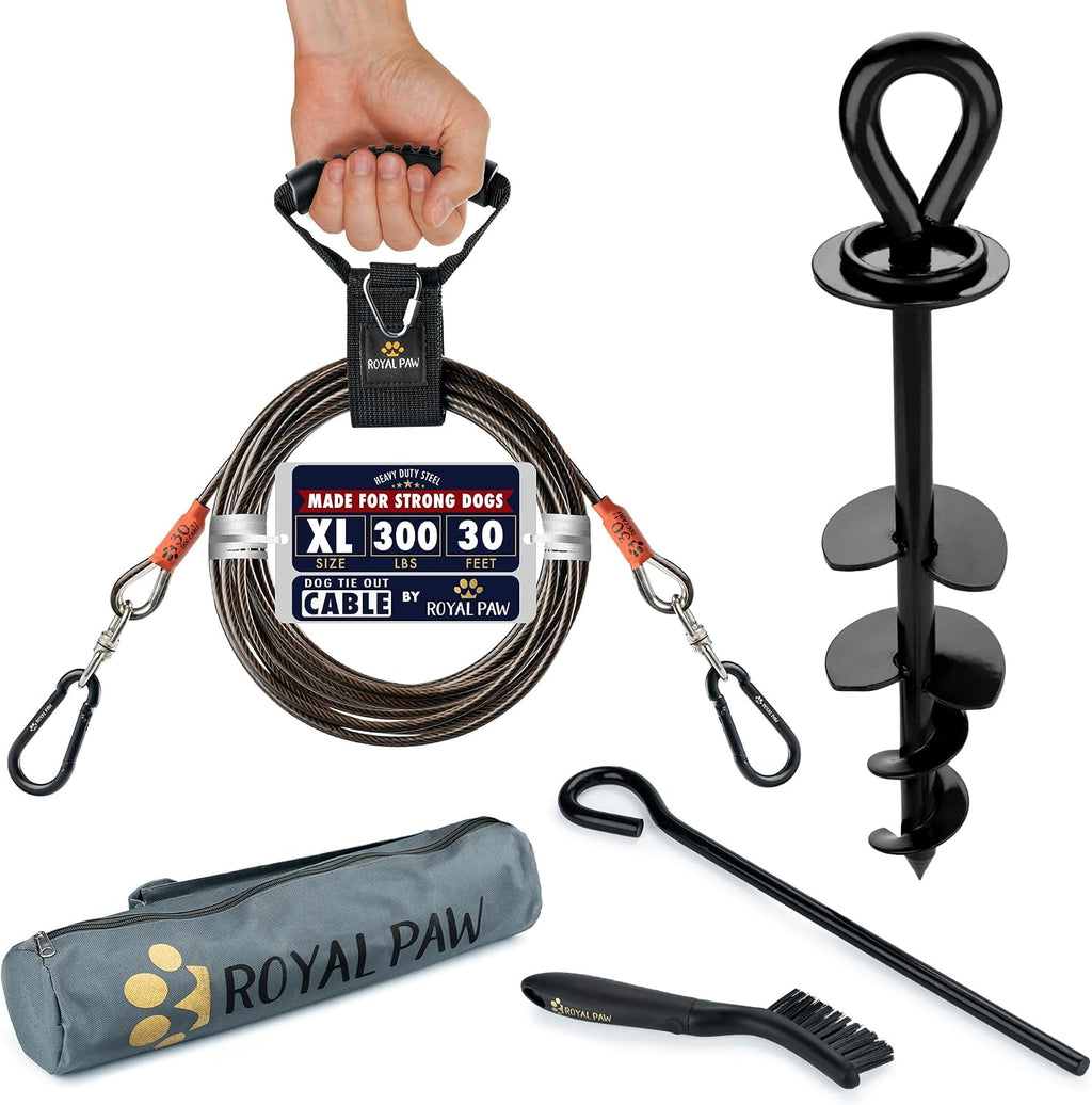 ROYAL PAW Dog Tie Out Cable and Stake 20ft - for Large Dogs up to 300 lbs - Heavy Duty Tether and Dog Stake for Yard, Beach & Camping Outside (Black, L/XL - 20ft)