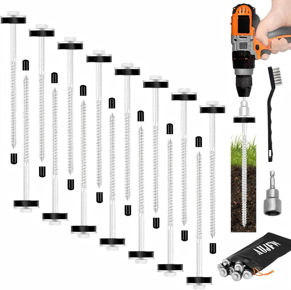 15 Pcs 10" Hex Pegs Drillable Tent Stakes, Screw in Tent Pegs Stakes for Garden Canopies Grassland Canopies Awnings Camping Travel (Hex Tool and Storage Bag)