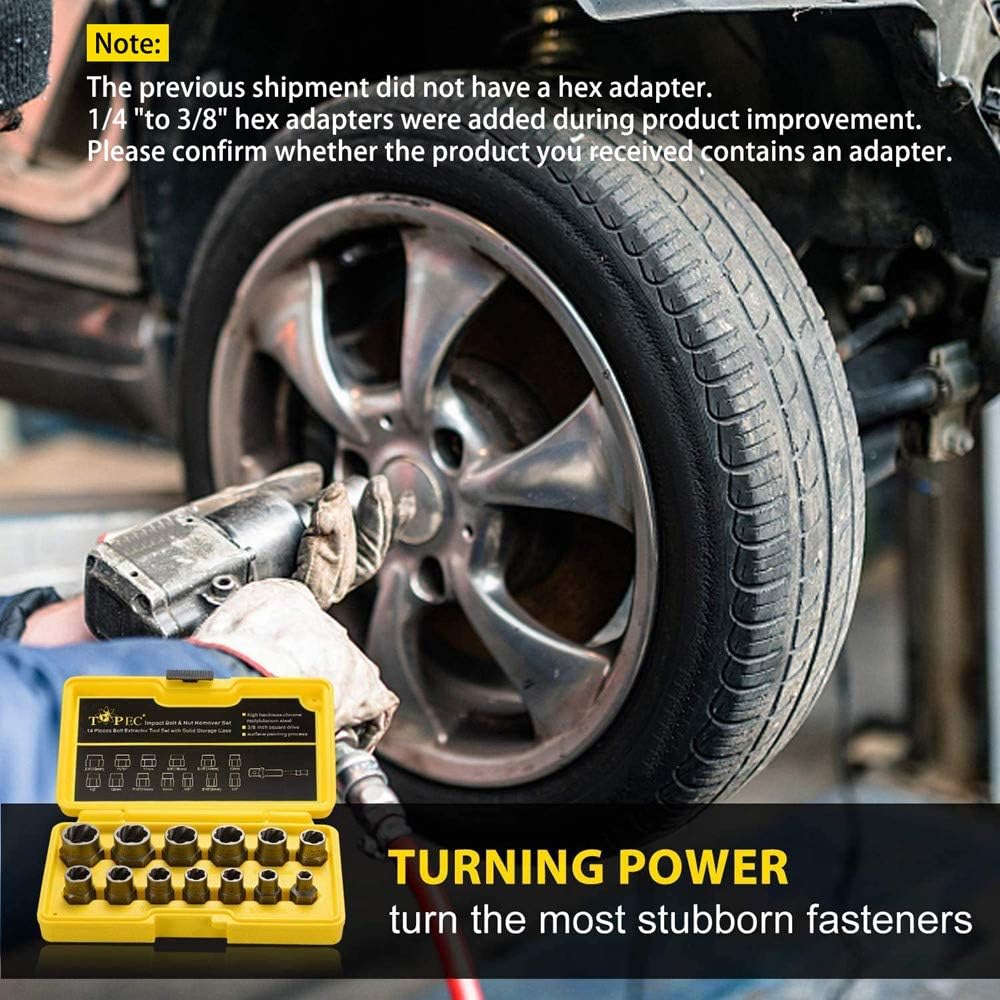 Topec 13+1 Piece Impact Bolt & Nut Remover Set, 3/8" Drive Bolt Extractor Socket Set, 8mm-19mm Stripped Lug Nut Remover, Twist Socket for Damaged, Rusted, Rounded Fasteners