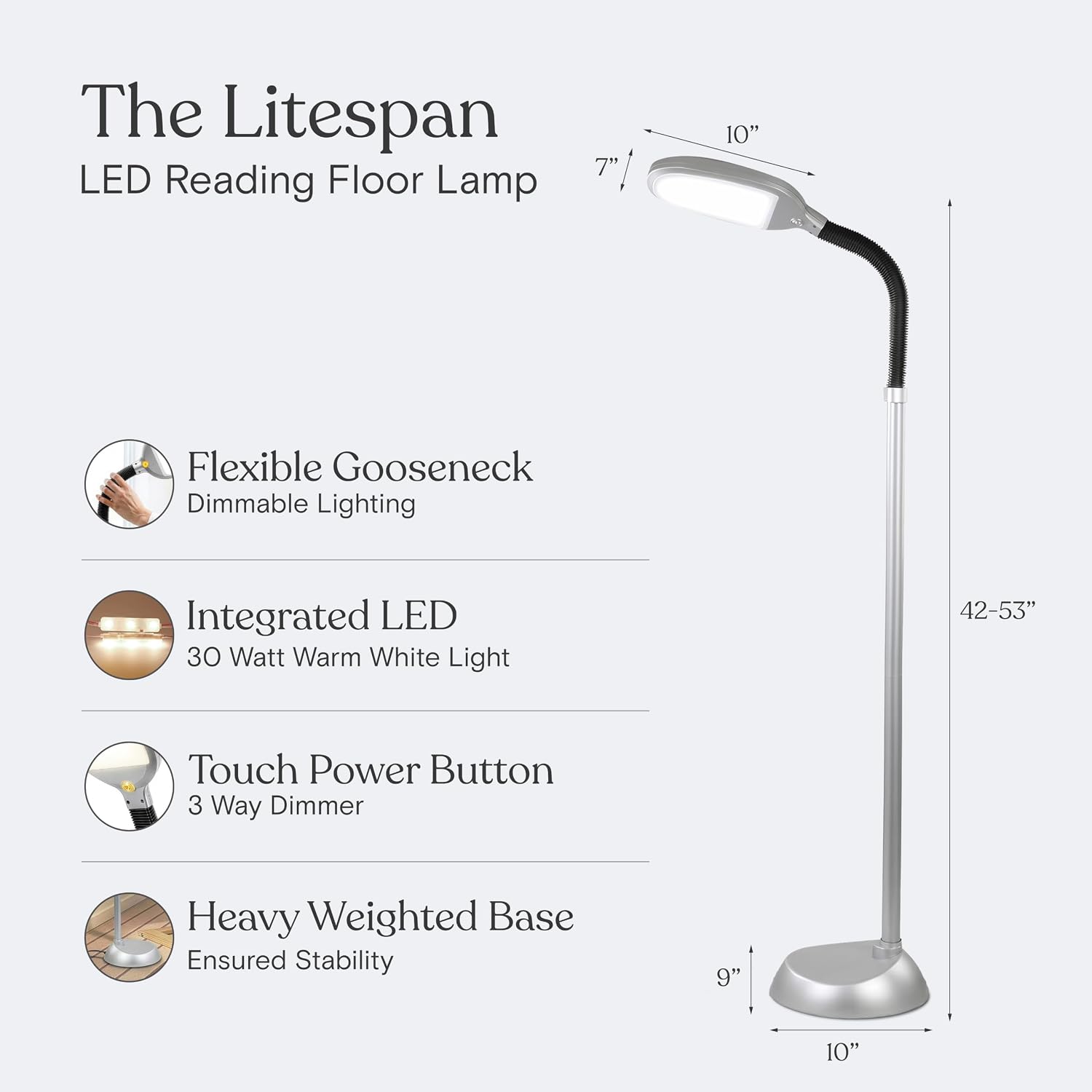 Brightech Litespan Titanium Silver LED Floor Reading Lamp, Energy Efficient, Adjustable Standing, 850-950 Lumens, 12W, 3-Year Warranty