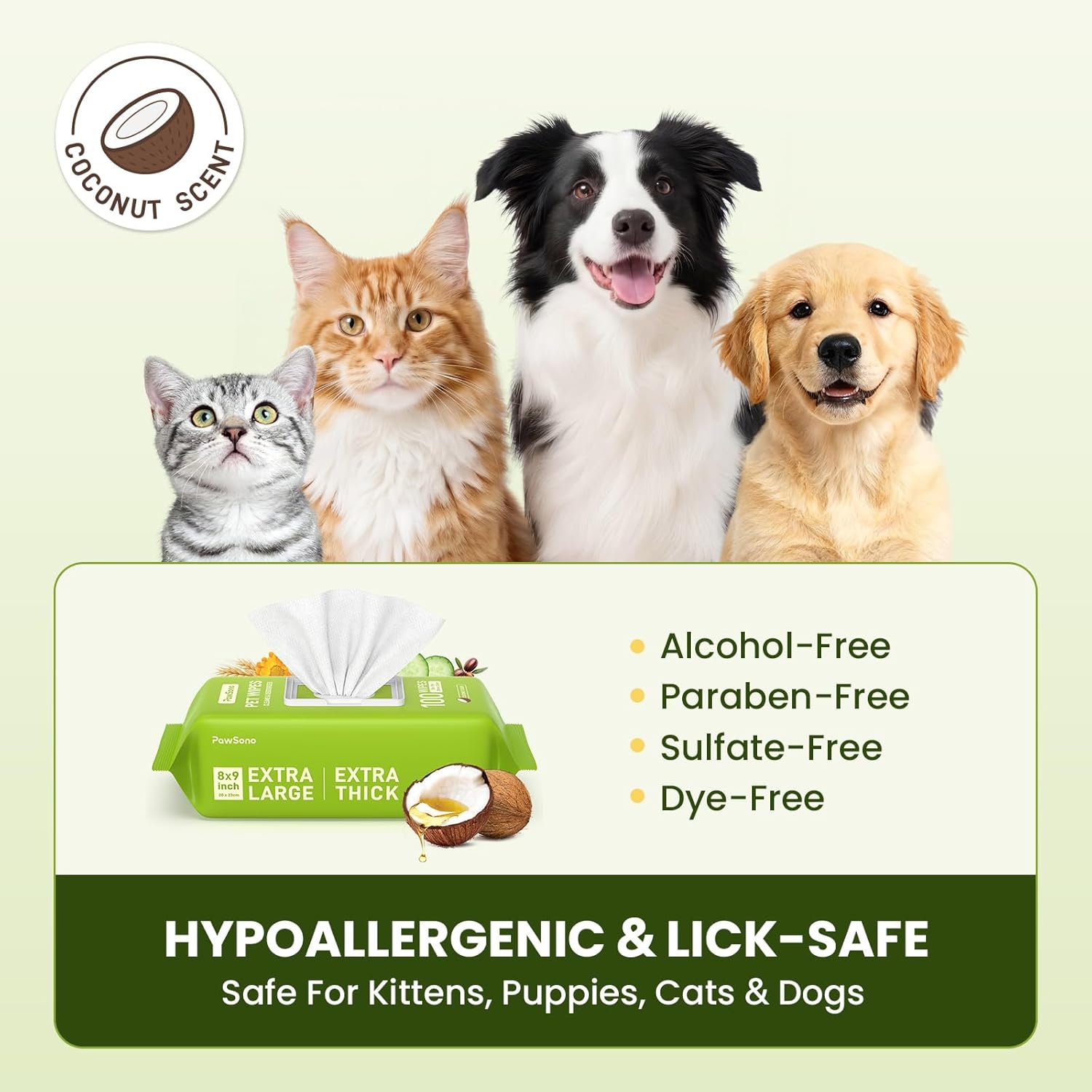 PawSono Hypoallergenic Pet Wipes for Dogs, Cats & Small Animals, 400 Coun