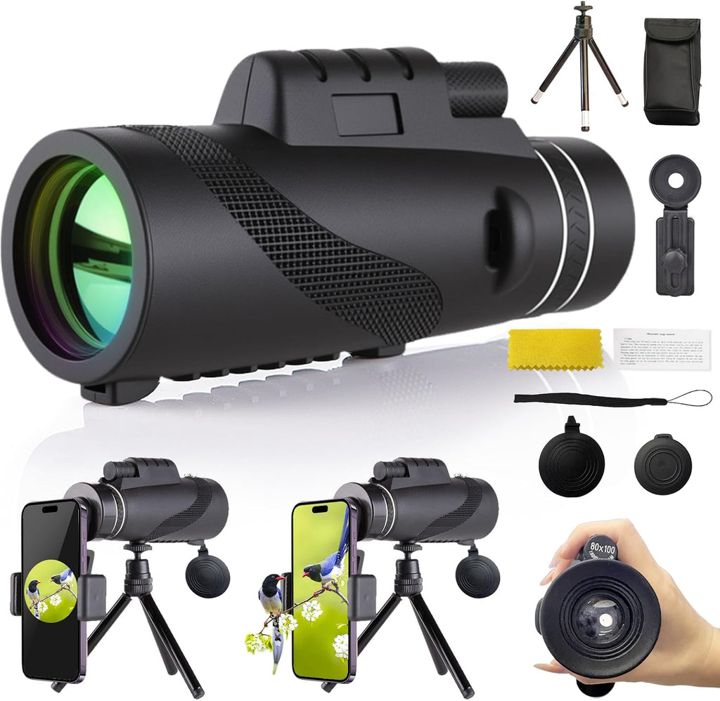 Monocular Telescope 80x100 High Powered Waterproof Monoculars for Adults with Smartphone Adapter Tripod Monocular for Wildlife Bird Watching Hunting Hiking Camping Travel, Black
