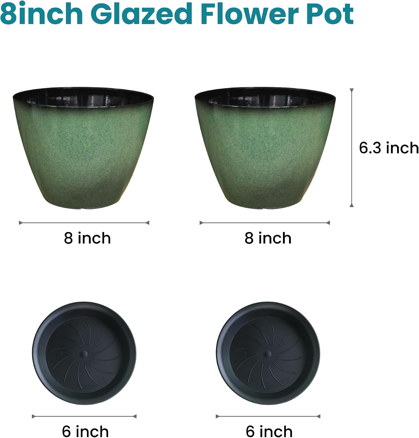 Vanslogreen 2 Pack Plant Pots for Indoor Outdoor Plants, 8 inch Plastic Flower Pots, Glazed Planter for Aloe, Herbs, Cactus (Green, 2pcs)