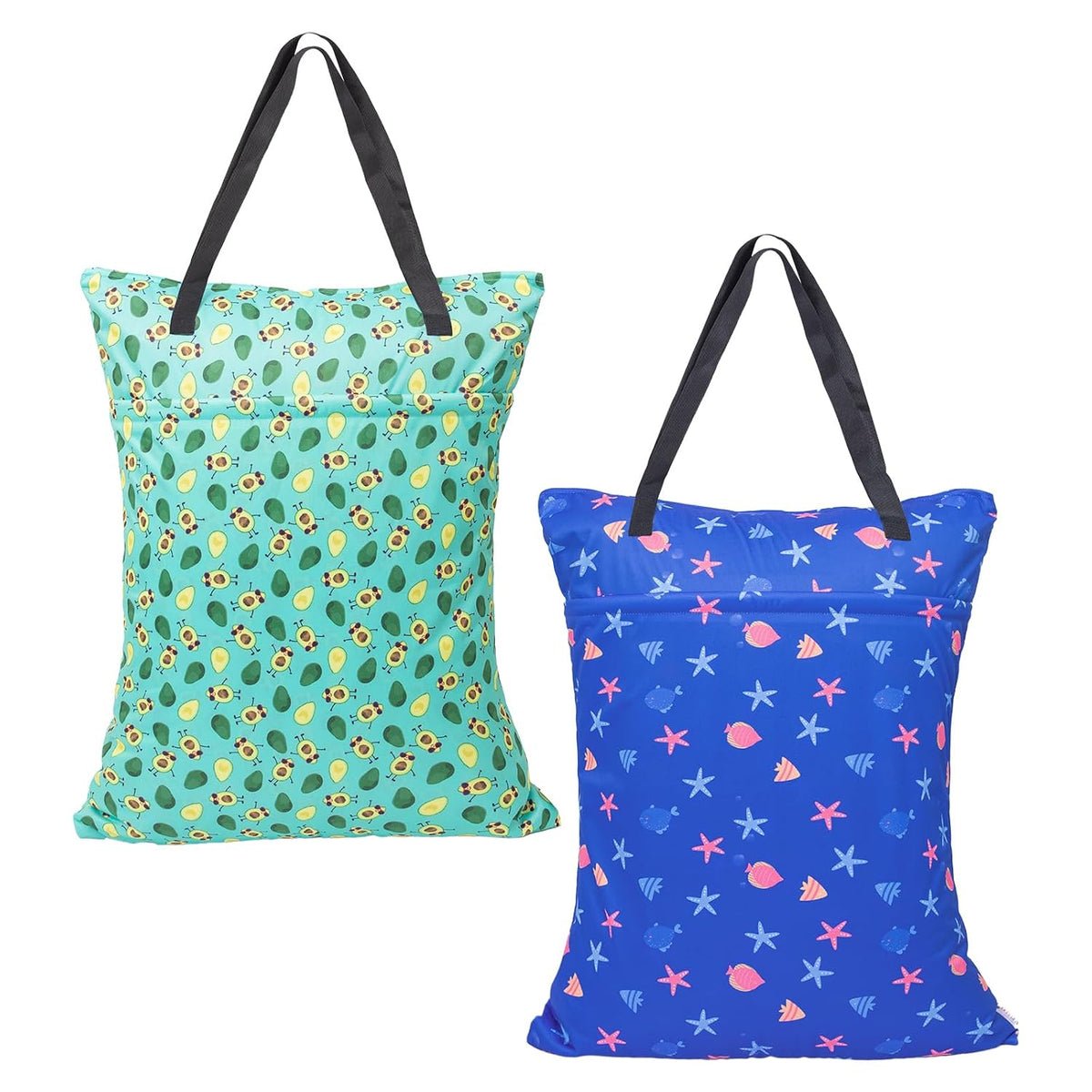ALVA ALVABABY 2 Pack Large Wet Dry Bag Waterproof Hanging Cloth Diaper with Double Zippered Pockets 25x18 inches (Avocados and starfish)