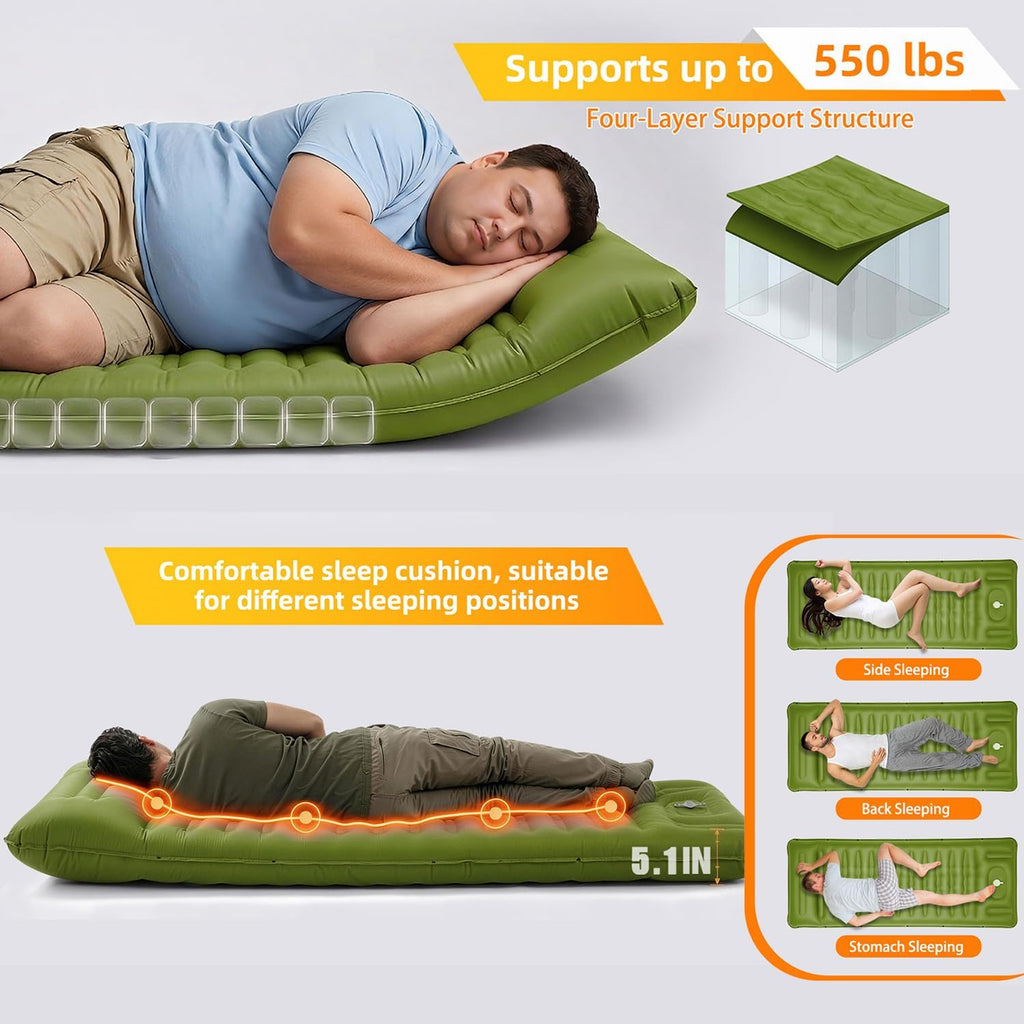 Camping Sleeping Pad, Extra Thick 5 Inch with Built-in Pillow & Foot Pump