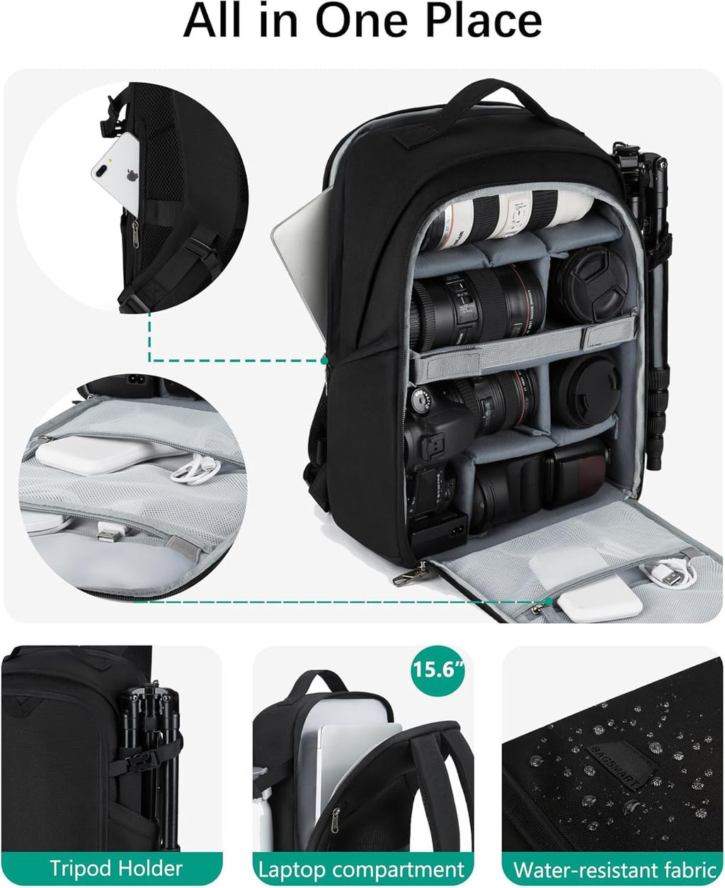 BAGSMART Camera Backpack, DSLR SLR Camera Bag Backpack Fits 15.6 Inch Laptop,Anti-Theft Waterproof Camera Case for Photographers,Men Women,with Rain Cover,Tripod Holder,Black