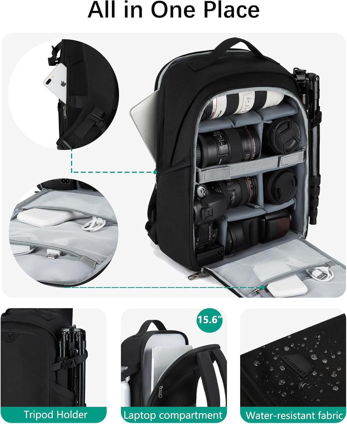 BAGSMART Camera Backpack, DSLR SLR Camera Bag Backpack Fits 15.6 Inch Laptop,Anti-Theft Waterproof Camera Case for Photographers,Men Women,with Rain Cover,Tripod Holder,Black