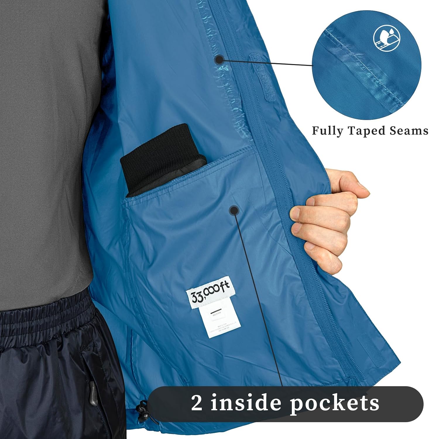 33,000ft Men's Packable Rain Jacket Lightweight Waterproof Golf Raincoat