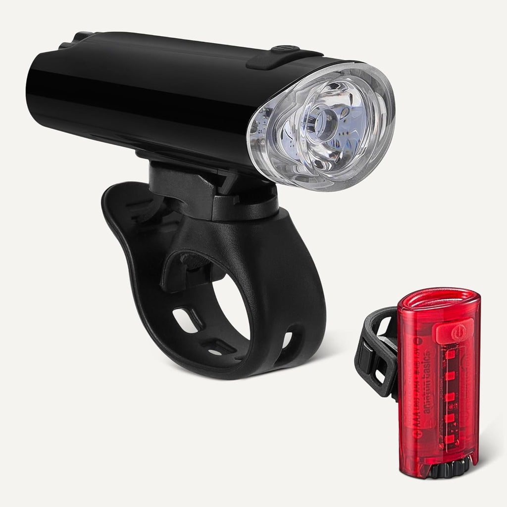 Amazon Basics Bike Lights for Day/Night Riding, Bicycle Lights Front and Back, Headlight Black, Taillight Red, Three Lighting Modes, Versatile Mounting Options