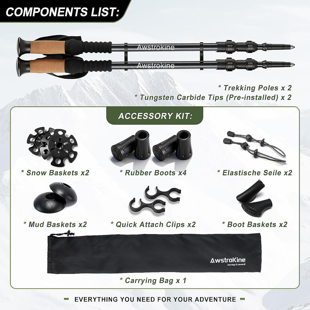 Carbon Fiber Trekking Poles - Lightweight Collapsible Hiking Poles with Cork Grips & Quick Flip Locks, Adjustable Hiking Sticks & All-Terrain Accessories for Women & Men