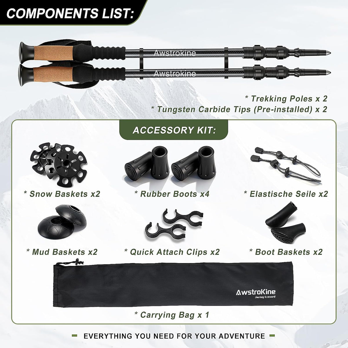 Carbon Fiber Trekking Poles - Lightweight Collapsible Hiking Poles with Cork Grips & Quick Flip Locks, Adjustable Hiking Sticks & All-Terrain Accessories for Women & Men
