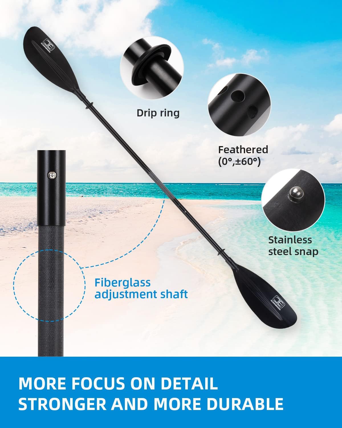 OCEANBROAD Adjustable Kayak Paddle 86in/220cm to 94in/240cm Kayaking Boating Canoeing Oar with Paddle Leash 1 Paddle