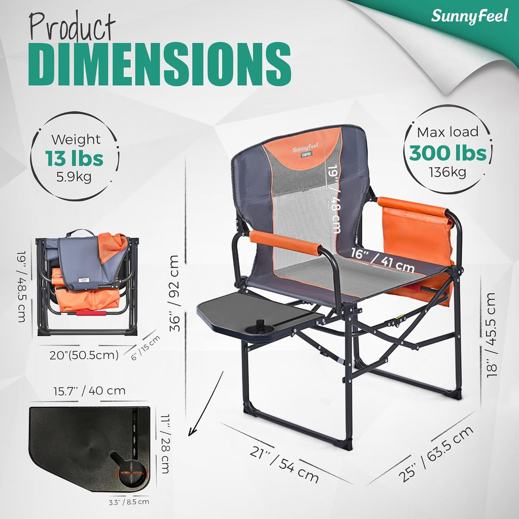 SUNNYFEEL Oversized Camping Chair Portable Directors Chairs with Side Table