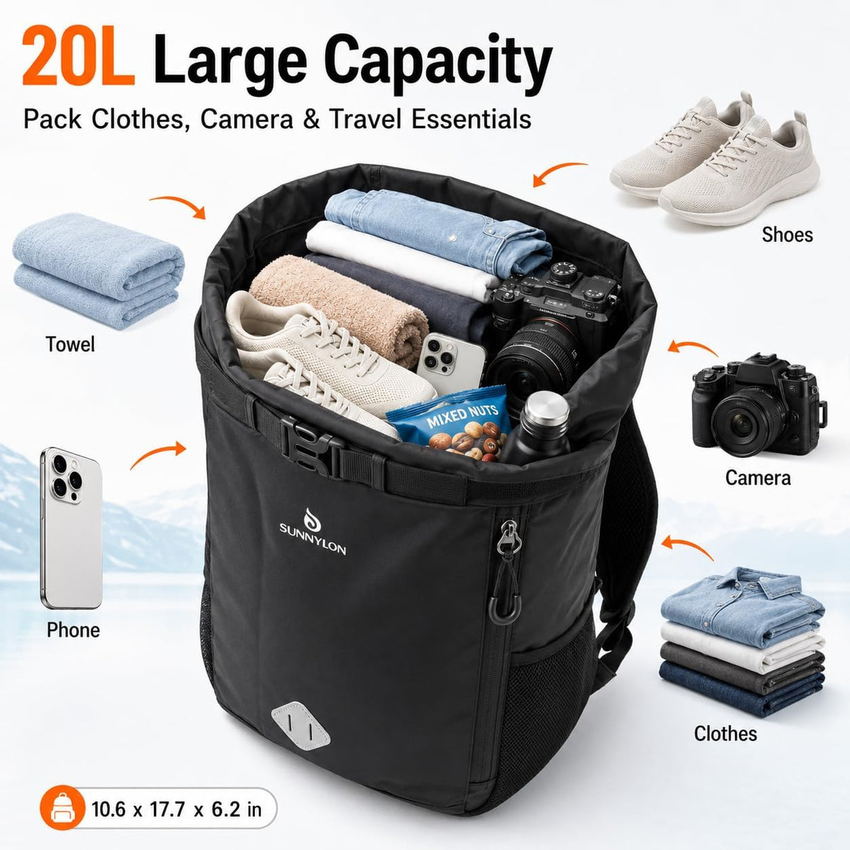 Dry Bag Backpack, 20L Dry Bag Waterproof with Waist Pouch and Phone Case,Roll top Dry bag for kayaking,Marine dry bag for Kayaking, Beach, Rafting, Boating, Hiking, Camping and Fishing