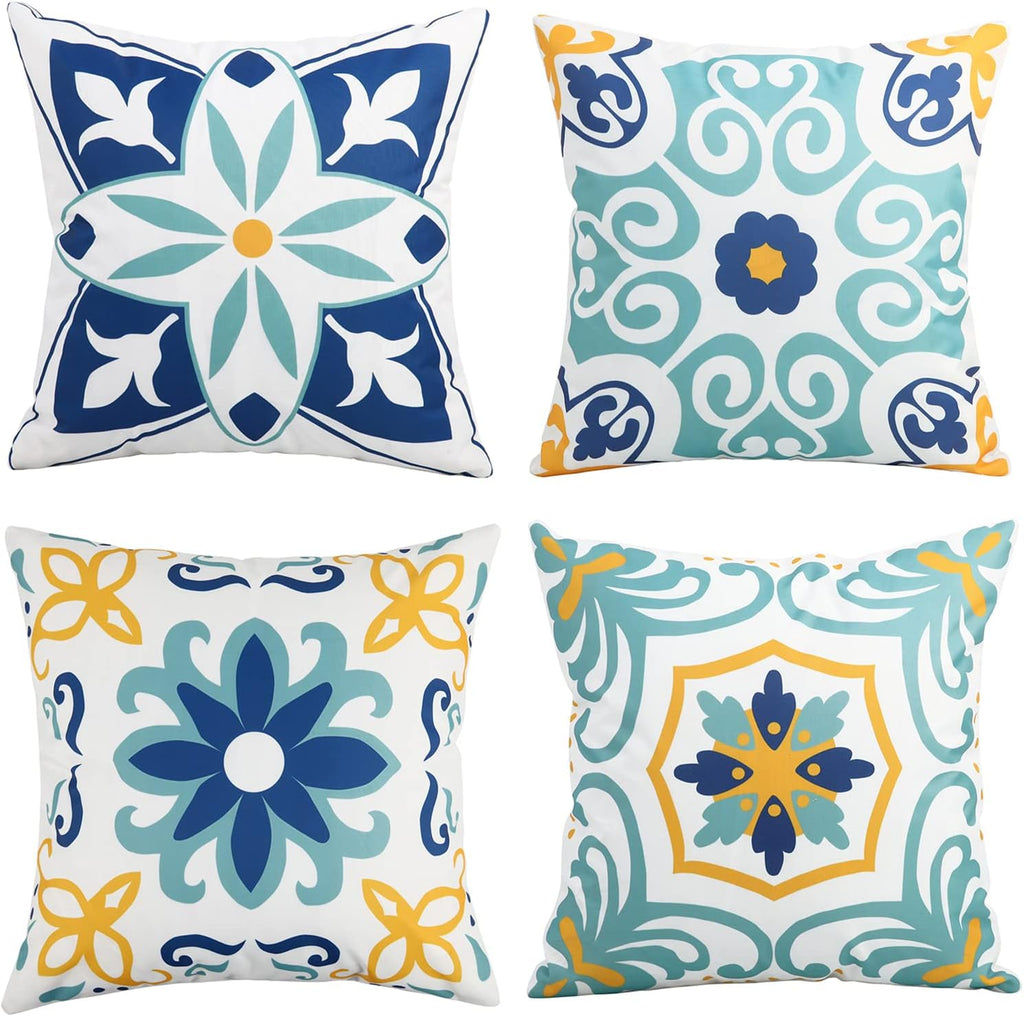 Pyonic Outdoor Waterproof Throw Pillow Covers Set of 4 Floral Printed and Boho Farmhouse Summer Outdoor Pillow Covers for Patio Funiture Garden 18x18 Inch Blue