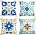 Pyonic Outdoor Waterproof Throw Pillow Covers Set of 4 Floral Printed and Boho Farmhouse Summer Outdoor Pillow Covers for Patio Funiture Garden 18x18 Inch Blue