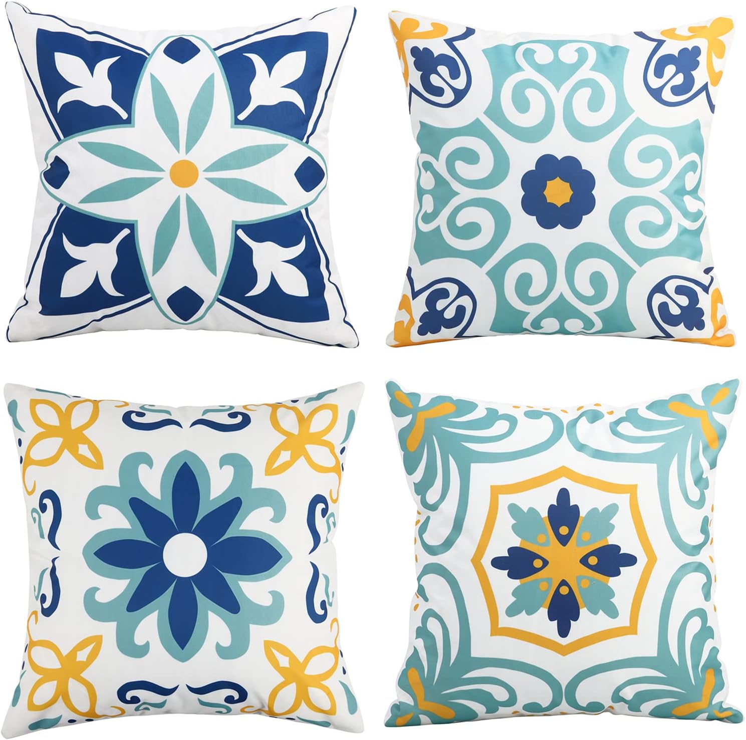Pyonic Outdoor Waterproof Throw Pillow Covers Set of 4 Floral Printed and Boho Farmhouse Summer Outdoor Pillow Covers for Patio Funiture Garden 18x18 Inch Blue