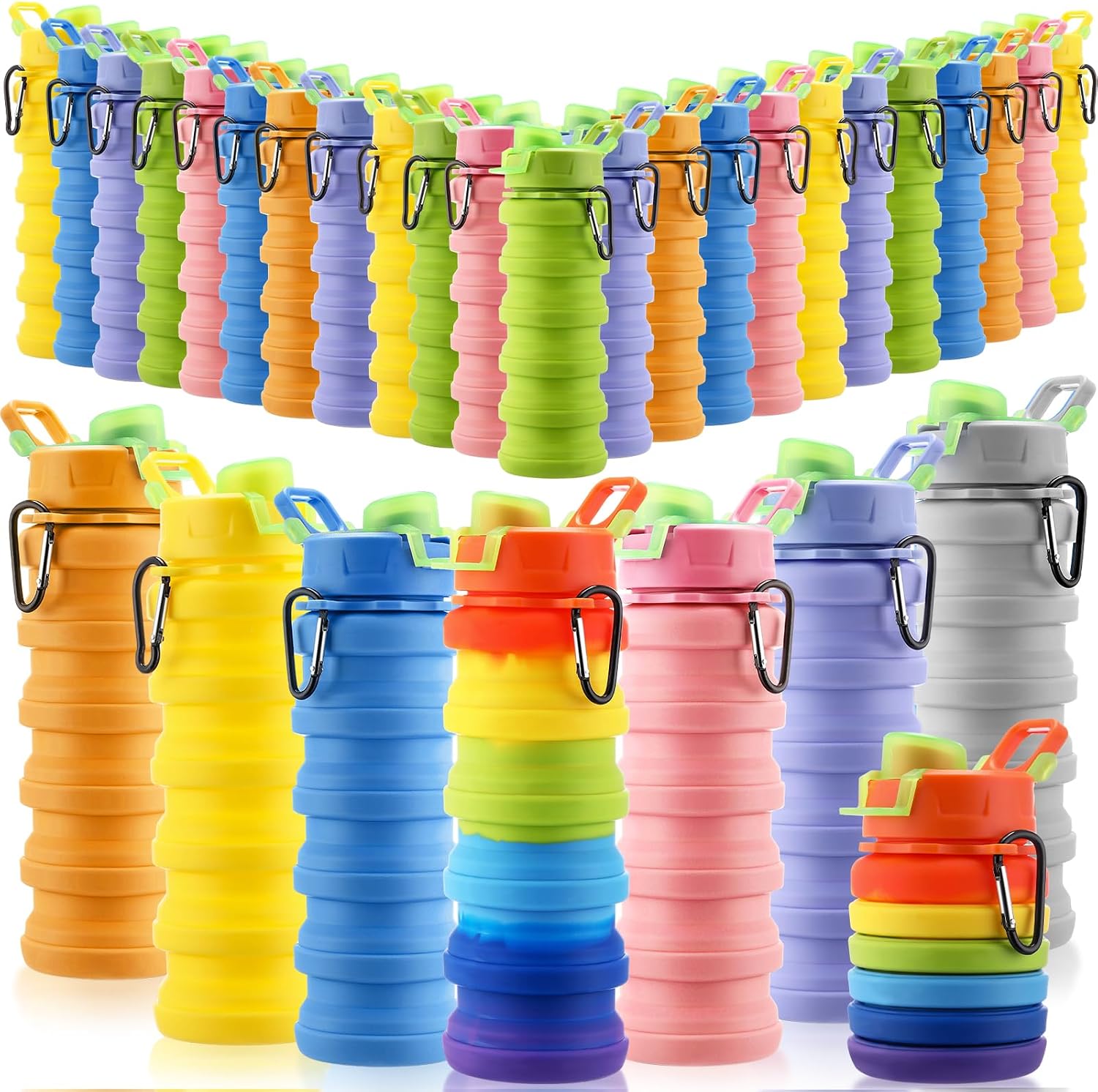 Sunnyray 20 Pack Collapsible Water Bottles Bulk Foldable Water Bottles 17oz Silicone Portable Leak Proof Reusable Sports with Clip for Travel Hiking Camping Outdoor (Tie-dye)