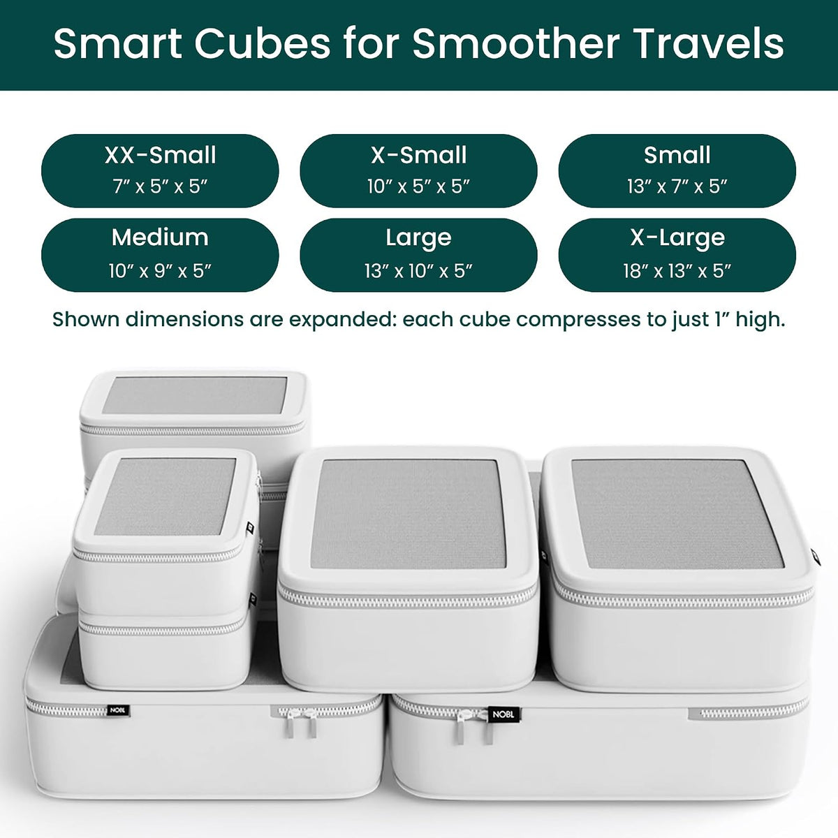 NOBL Travel Compression Packing Cubes Set of 6, Luggage Organizers, Ivory