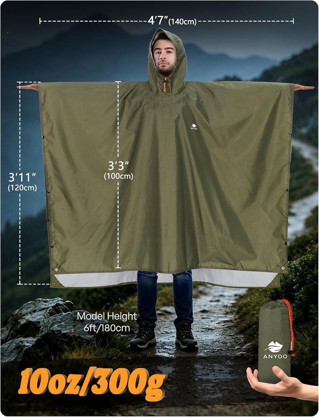 ANYOO Hooded Rain Poncho for Adult Waterproof Lightweight Raincoat