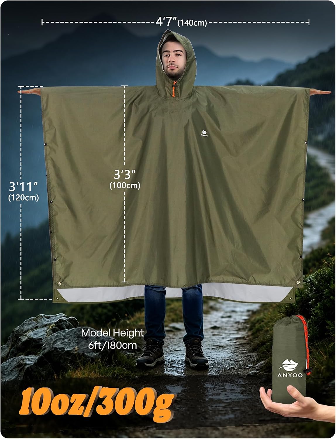 ANYOO Hooded Rain Poncho for Adult Waterproof Lightweight Raincoat