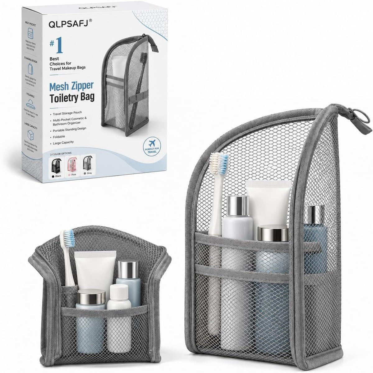 Mesh Zipper Toiletry Bag for Travel Storage Pouch Multi-pocket Travel Cosmetic Bathroom Count Hanging Organizer Portable Standing Makeup Foldable Clear Waterproof EVA Large Capacity(4pc)