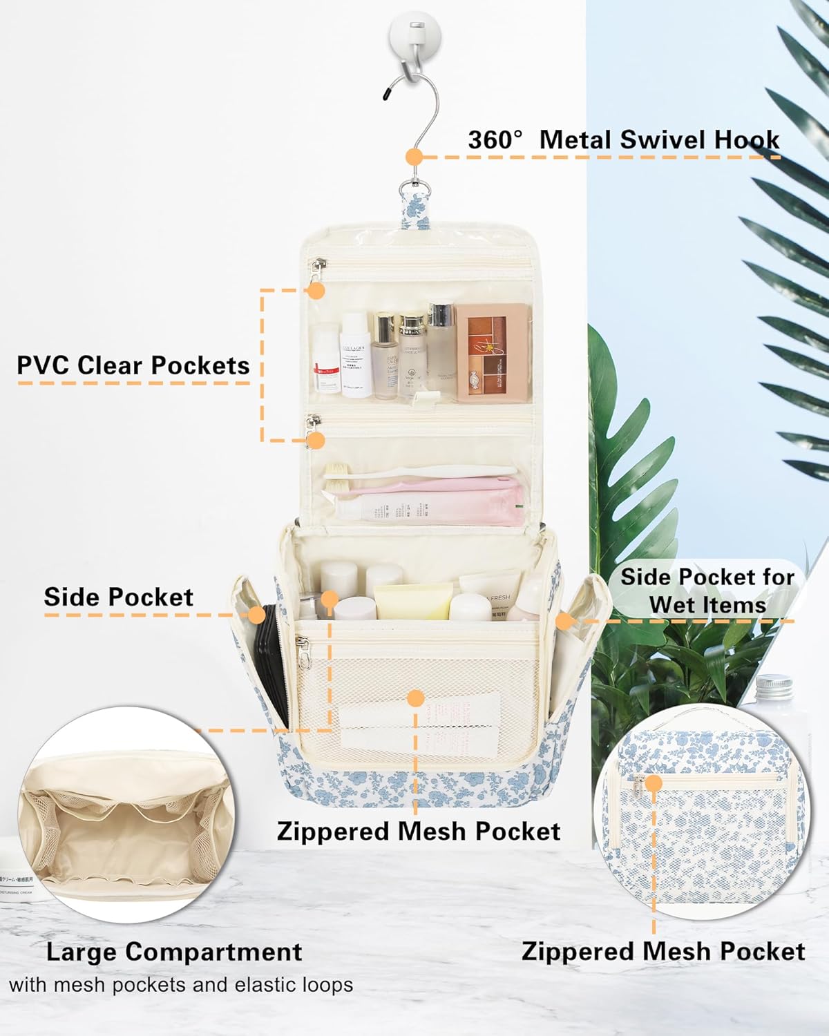 Relavel Hanging Toiletry Bag for Women, Travel Makeup Organizer Bag, Floral