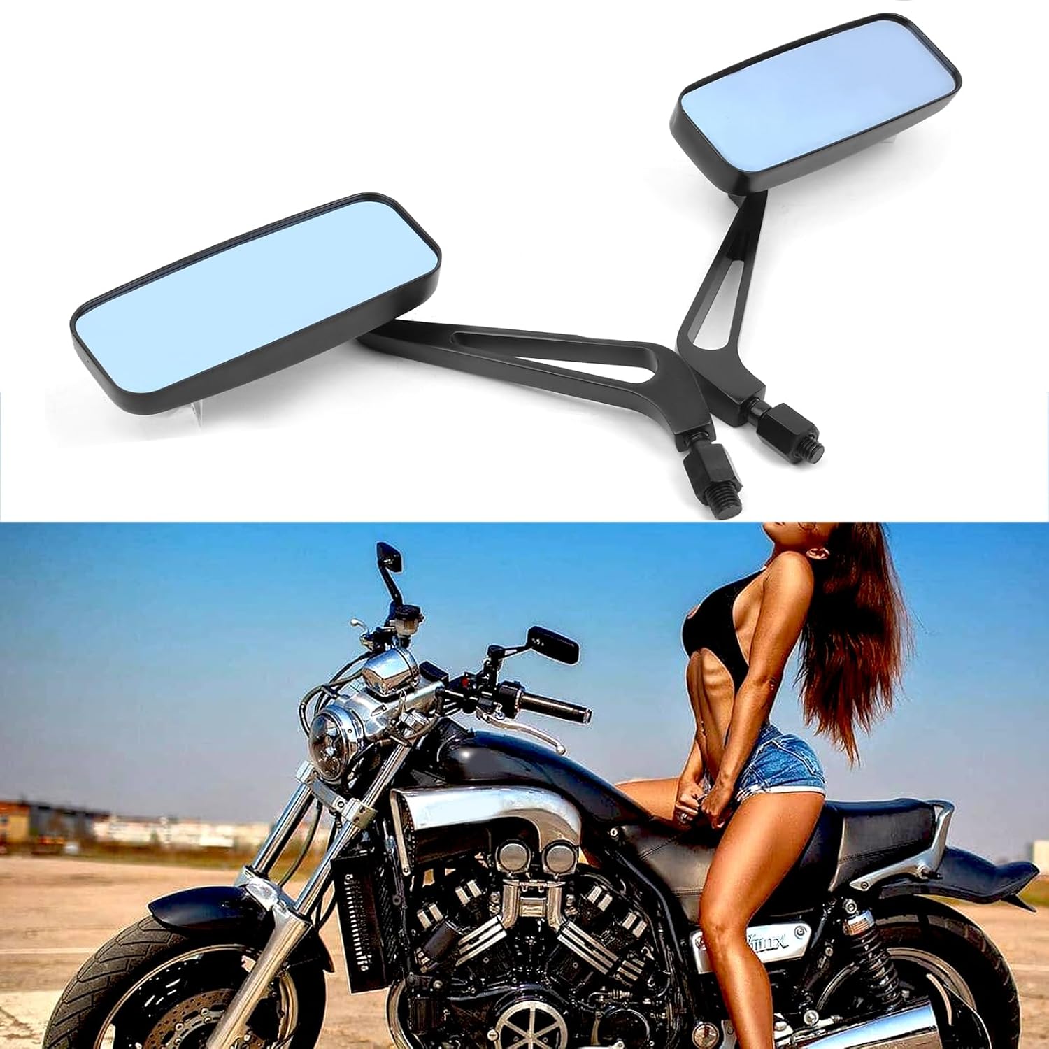 Black Rectangle Motorcycle Rearview Side Mirrors 10mm 8mm Compatible with Honda Shadow Kawasaki Suzuki Yamaha Cruiser Chopper