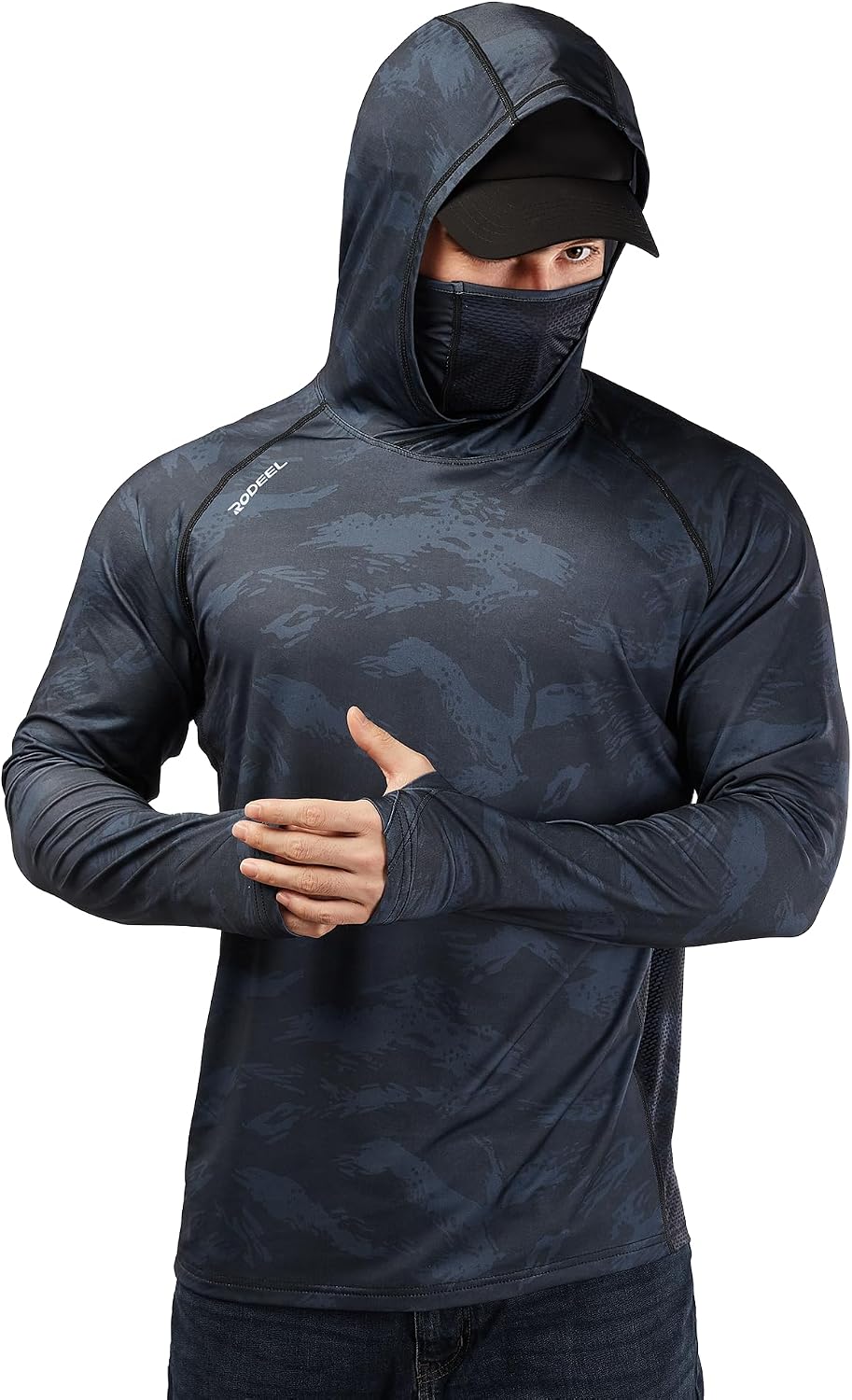 Rodeel UPF 50+ Men’s Long Sleeve Performance Fishing Hiking Shirt with Mask UV Neck Gaiter Hoodie