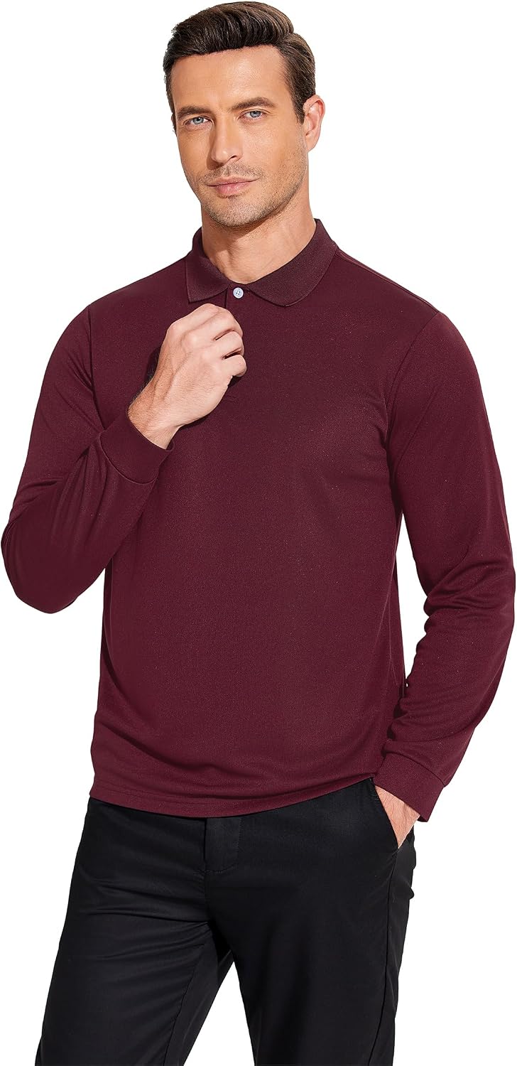 PINSPARK Men's Long Sleeve Golf Polo Shirts Moisture Wicking Quick Dry