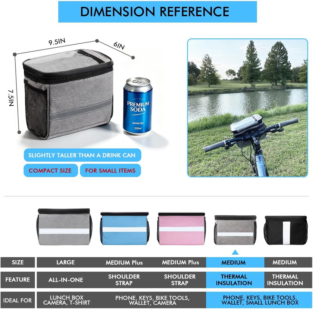Bike Handlebar Bag, Front Bicycle Basket Cooler Pouch with Phone Holder
