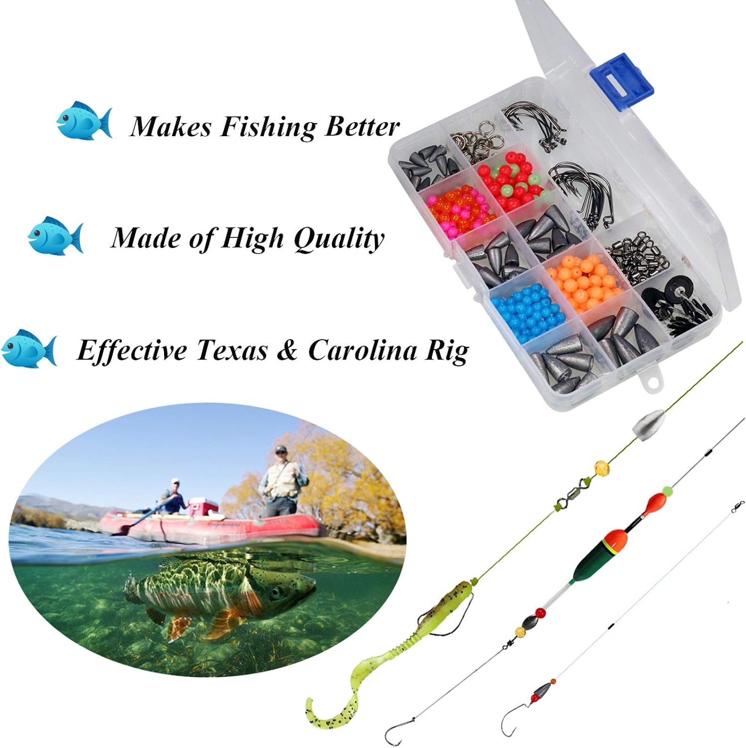 THKFISH Texas and Carolina Fishing Rig Bass Fishing Bullet-Weights for Fishing Sinkers Hooks Rolling Barrel Fishing Swivels Beads Rings Fishing Tackle Kit 35pcs/339pcs/389pcs