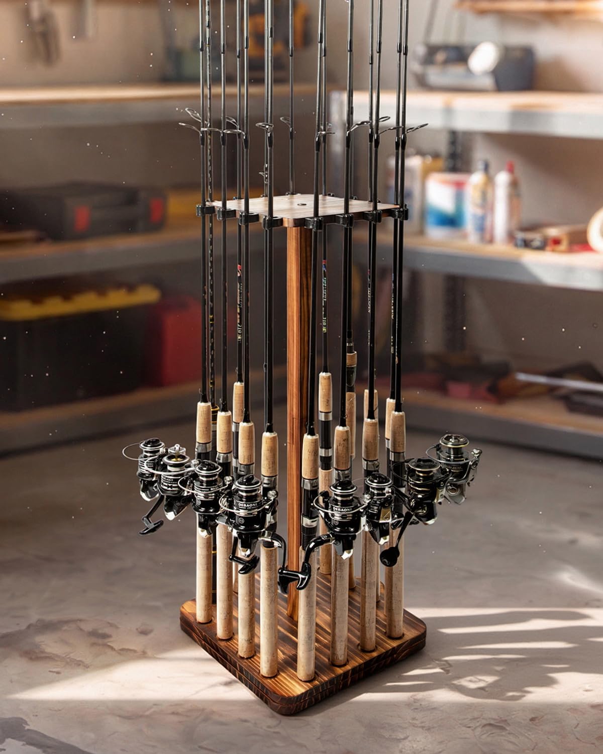 Ghosthorn Fishing Rod Holder for Garage,Wood Floor Pole Rack for Men Gift