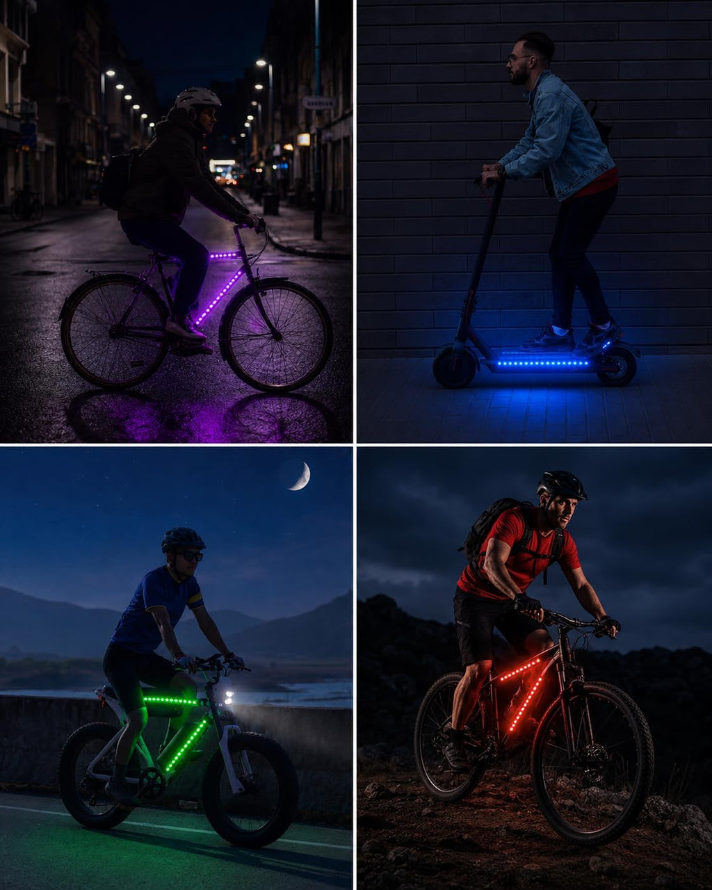 JUSJUBR LED Bike Lights for Night Riding, Multiple Colors and Lighting Modes, App & Remote Control, Colorful LED Strip Lights with Battery Box for Bicycles and Scooters
