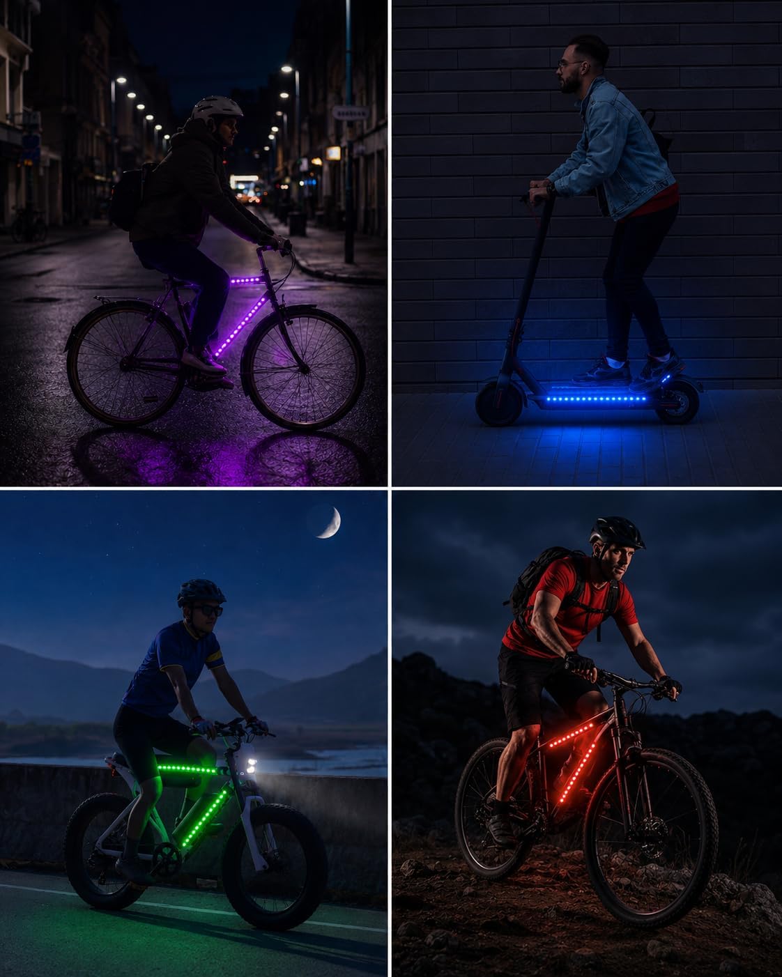 JUSJUBR LED Bike Lights for Night Riding, Multiple Colors and Lighting Modes, App & Remote Control, Colorful LED Strip Lights with Battery Box for Bicycles and Scooters