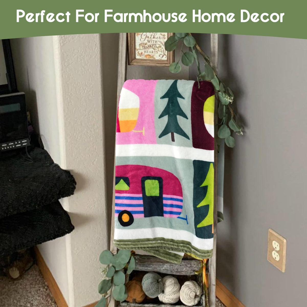 Camping Gifts Blanket for Women Men,Happy Campers RV Owner Campsite Travel Hiking Birthday Gifts Fleece Flannel Throw Blanket for Home Living Room Couch Bed Chair Dorm Decor 60x50