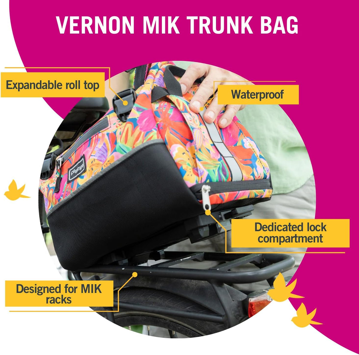 Po Campo Vernon MIK Bike Trunk Bag for Rear Rack - 15.7L Waterproof Bicycle Cargo Bag with MIK Click System - Roll Top - 10 Pockets – Reflective - Fits MIK Bike & E-Bike Racks