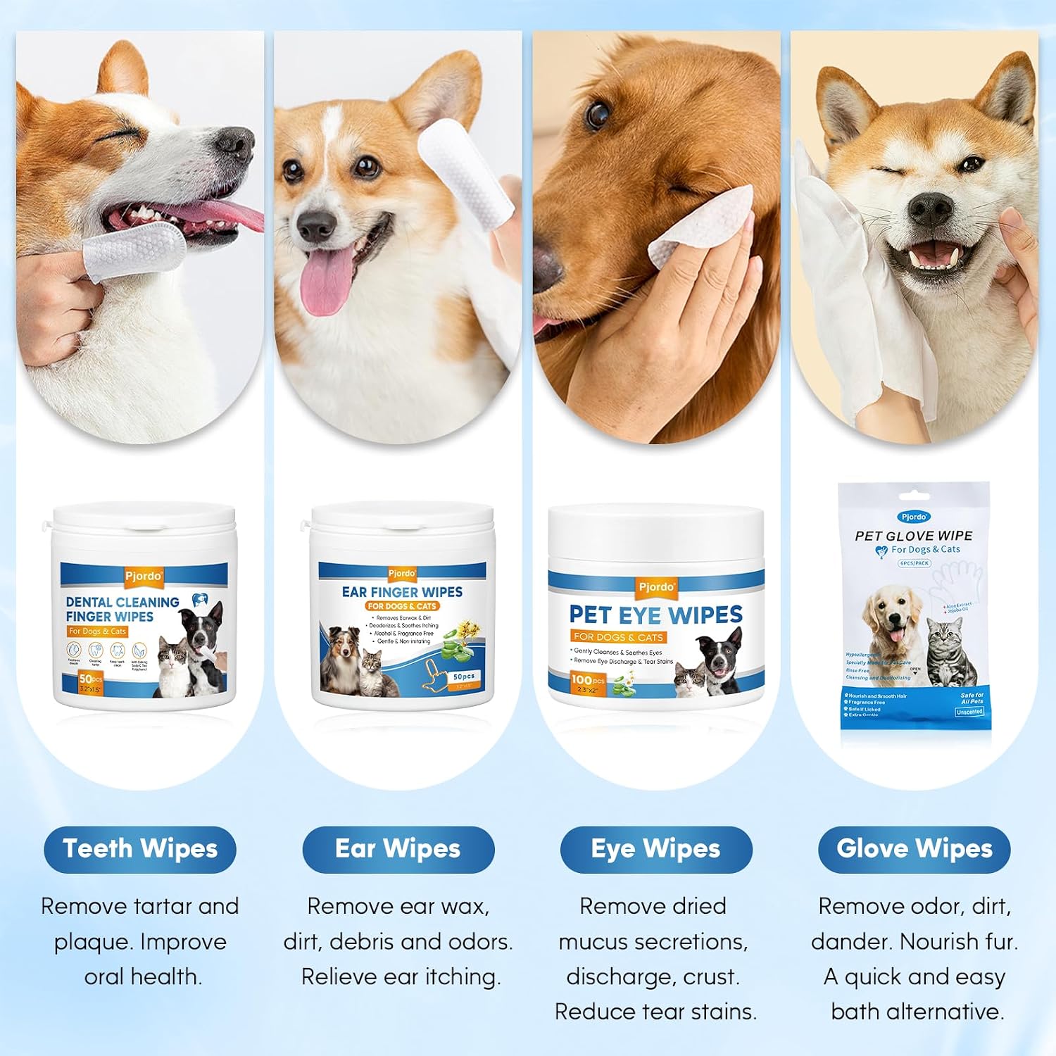 Pjordo Pet Essential Supplies for Dog & Cat, Cleaning Kit for Whole Body, Pet Wipes Cleaning Deodorizing, Grooming Wipes & Paw Cleaner, Finger Wipes for Teeth, Ear & Eyes, Suitable for Daily Care