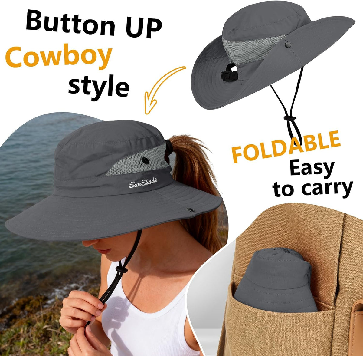 ZOORON Women's Ponytail Safari Sun Hat,Wide Brim UV Protection Bucket Hat