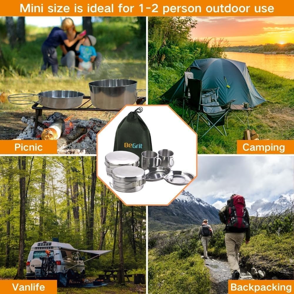 BeGrit Stainless Steel Camping Cookware Pot and Pan Set for Backpacking