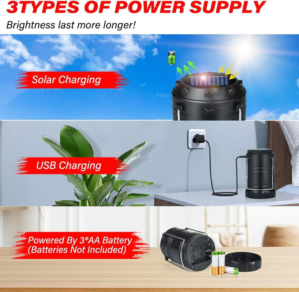 4-Pack Solar Camping Lanterns,Rechargeable LED with USB/Solar/AA Battery,Magnetic Base,Hanging Hook,Collapsible, Waterproof for Emergency, Hiking,Hurricane,Campsites,Lanterns for Power Outages