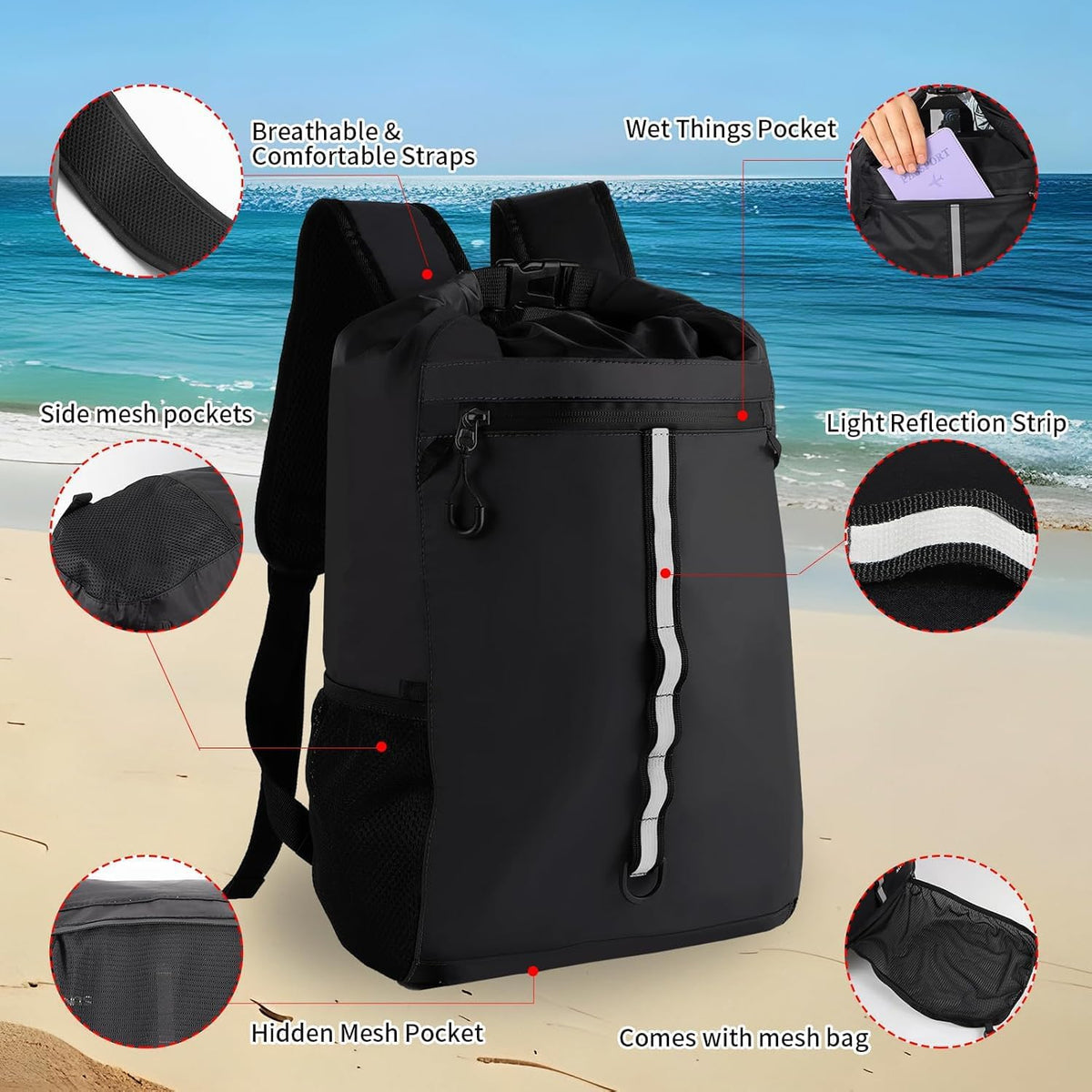 Drybag backpack waterproof, IPX68 100% Waterproof Dry Bag Backpack with Roll-Top Sealed Design, Keeps Gear Dry for Canoe, Kayaking, Water Sports Vacation, Rafting Travel & Surfing (WL011Black)