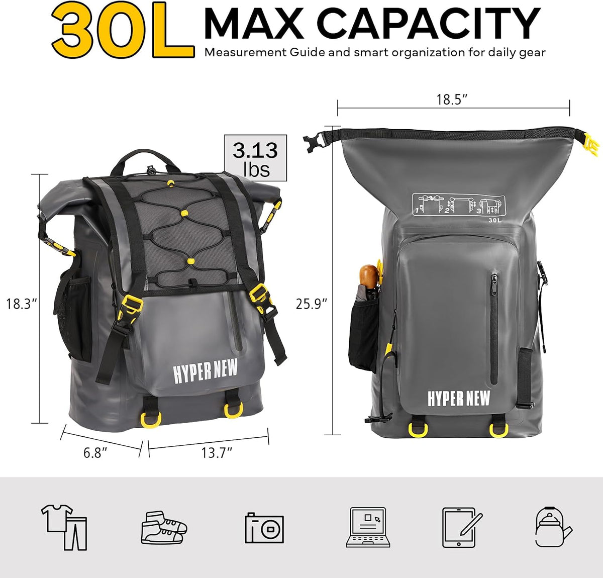 30L Dry Backpack Waterproof, Dry Backpack for Men Women, Ideal for Kayaking, Boating, Paddle Boarding, Fishing, Hiking, Camping & Outdoor Travel Essentials